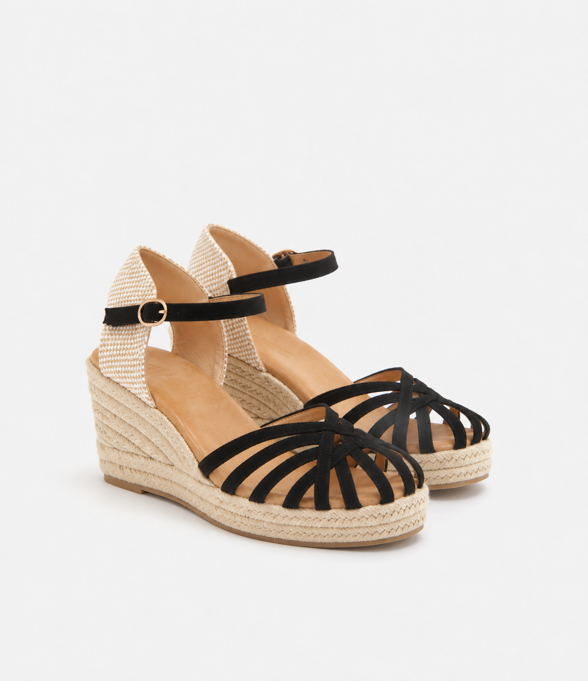 Sandale Compensée Riviera Noir & Beige – Élégance Estivale