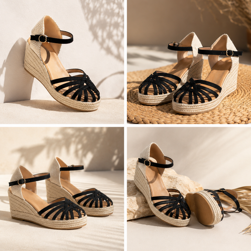 Sandale Compensée Riviera Noir & Beige – Élégance Estivale
