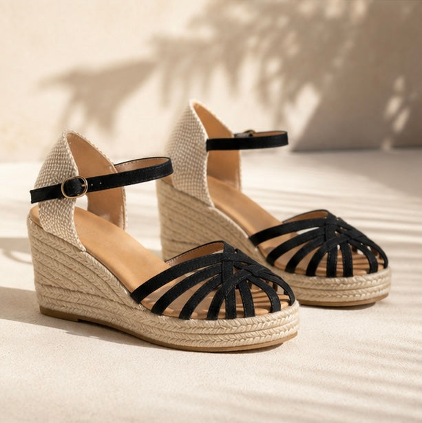 Sandale Compensée Riviera Noir & Beige – Élégance Estivale