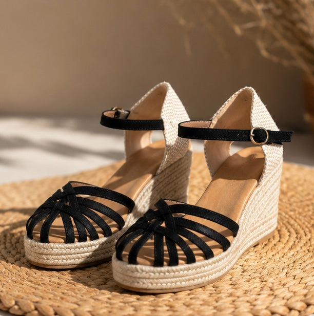 Sandale Compensée Riviera Noir & Beige – Élégance Estivale