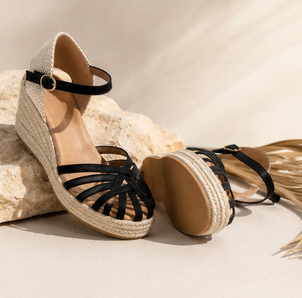 Sandale Compensée Riviera Noir & Beige – Élégance Estivale