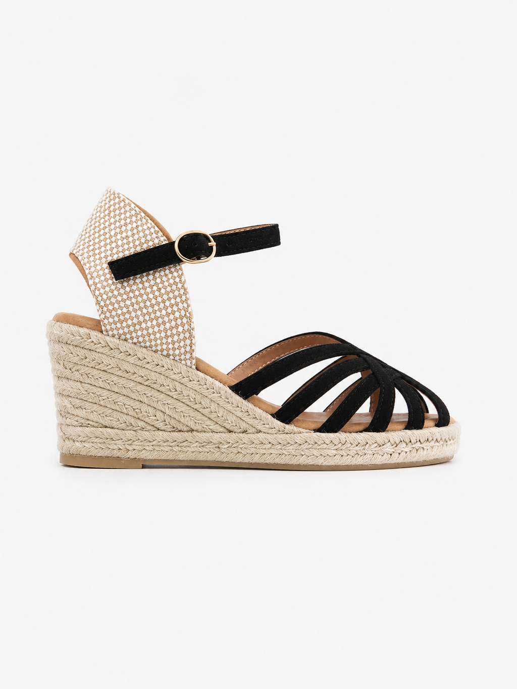 Sandale Compensée Riviera Noir & Beige – Élégance Estivale
