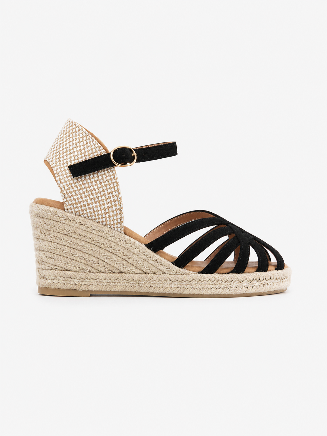 Sandale Compensée Riviera Noir & Beige – Élégance Estivale