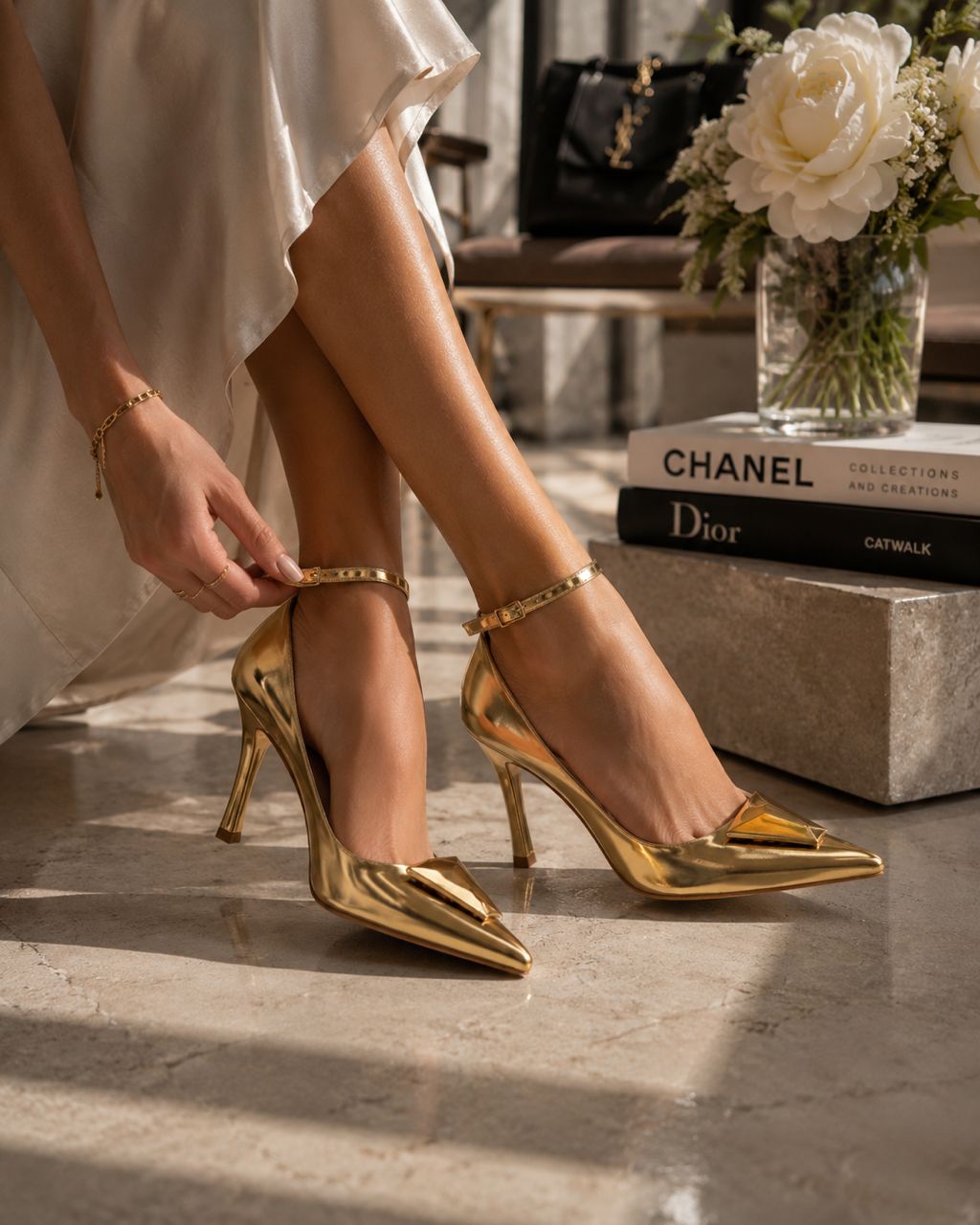 Escarpins Dorés Luxe Glamour – Talon Haut & Bride Cheville Élégante